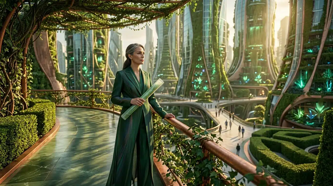 Femme en costume vert dans une ville futuriste couverte de végétation